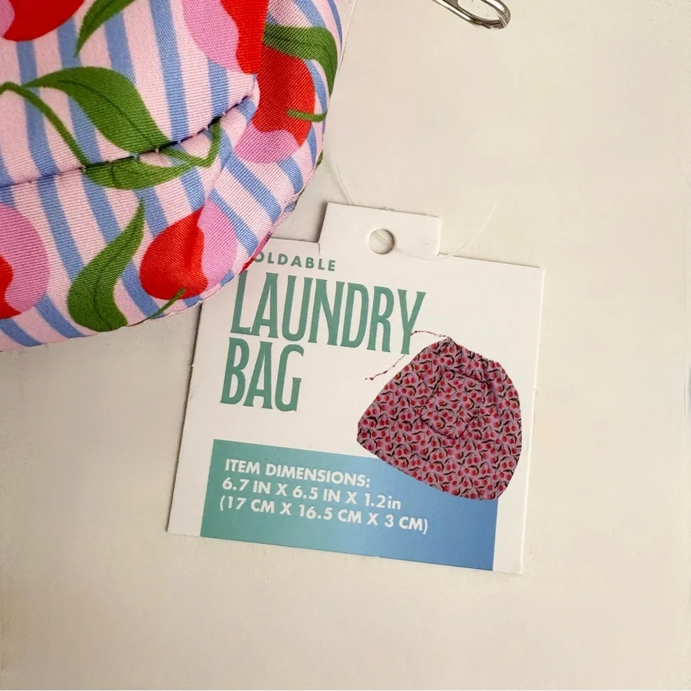Foldable Zip Pouch Travel Cherry Blue Pinstripes Wash Me Laundry Bag New NWT